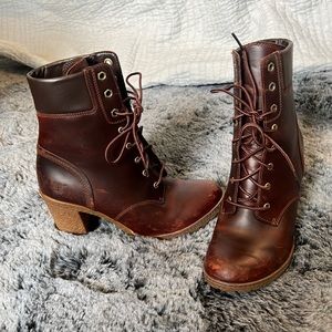 Timberland maroon leather high healed boots, size 7 1/2